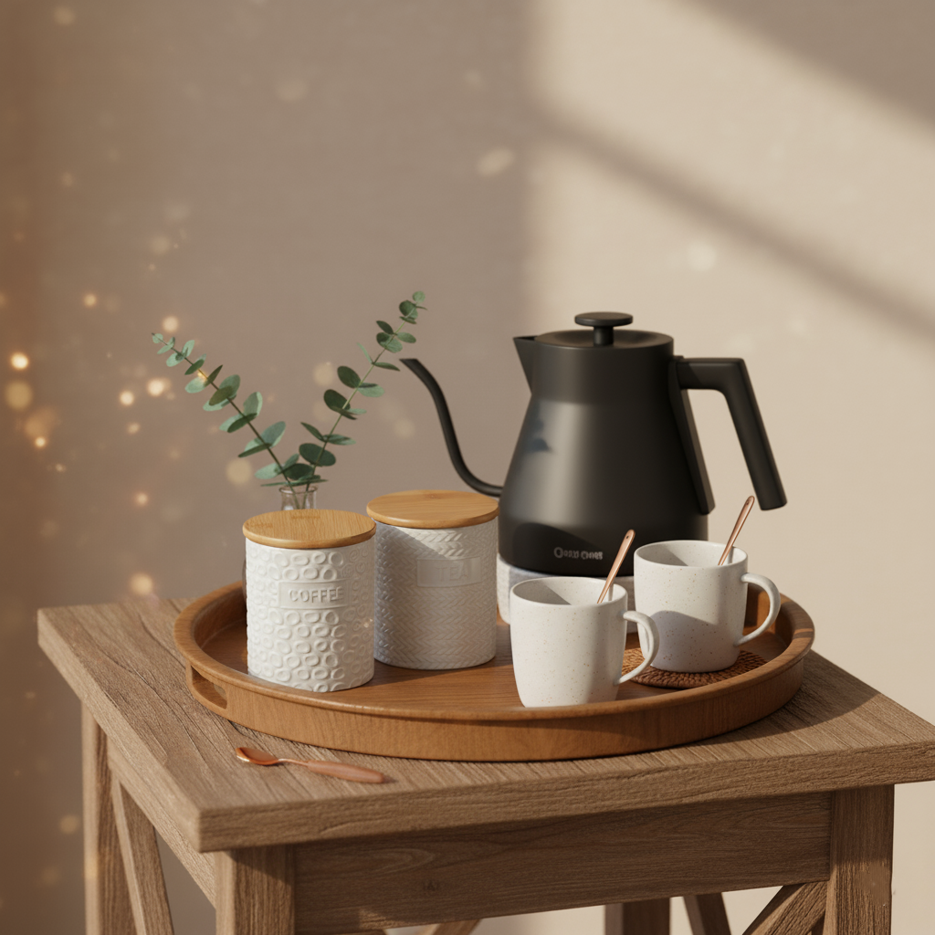 סט קרמיקה לבן - תה, קפה, סוכר עם מכסה במבוק