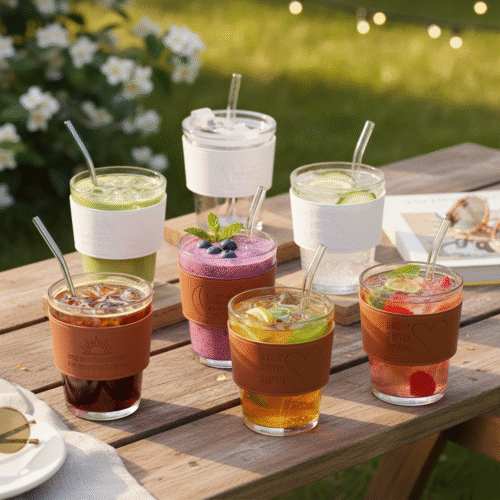 כוס זכוכית עם חבק עור וקשית HEARTLINE