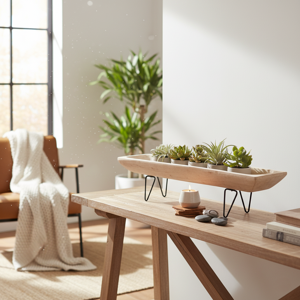 קערה מלבנית מעץ עם רגלי מתכת - 54 ס"מ